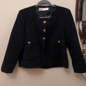 Zara Navy Cropped Tweed Style Jacket